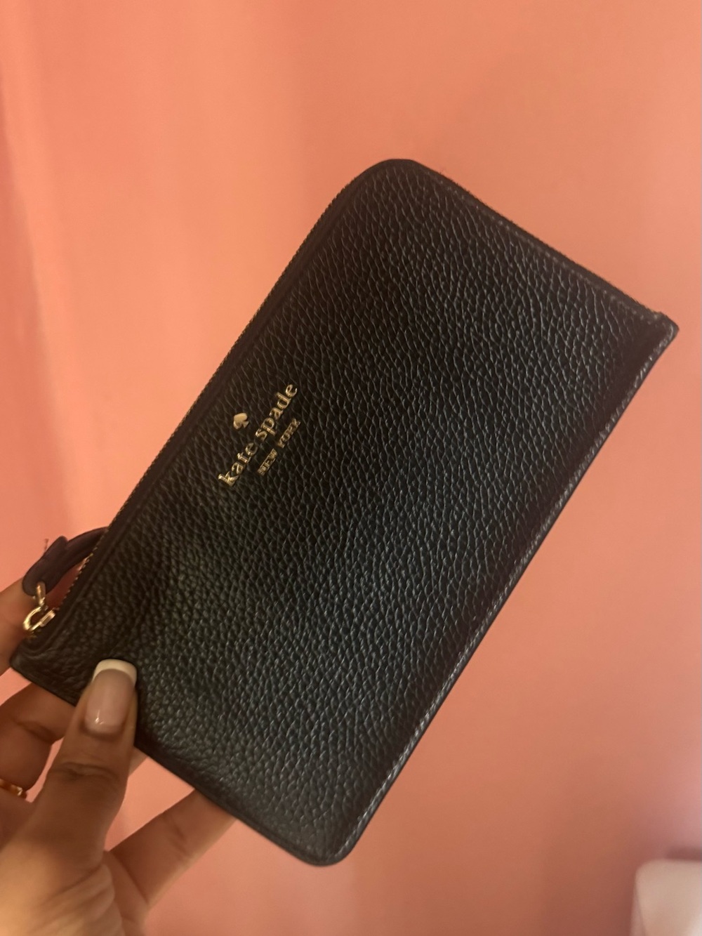 kate spade Black Pebbled Leather Zip Wristlet with Gold Logo